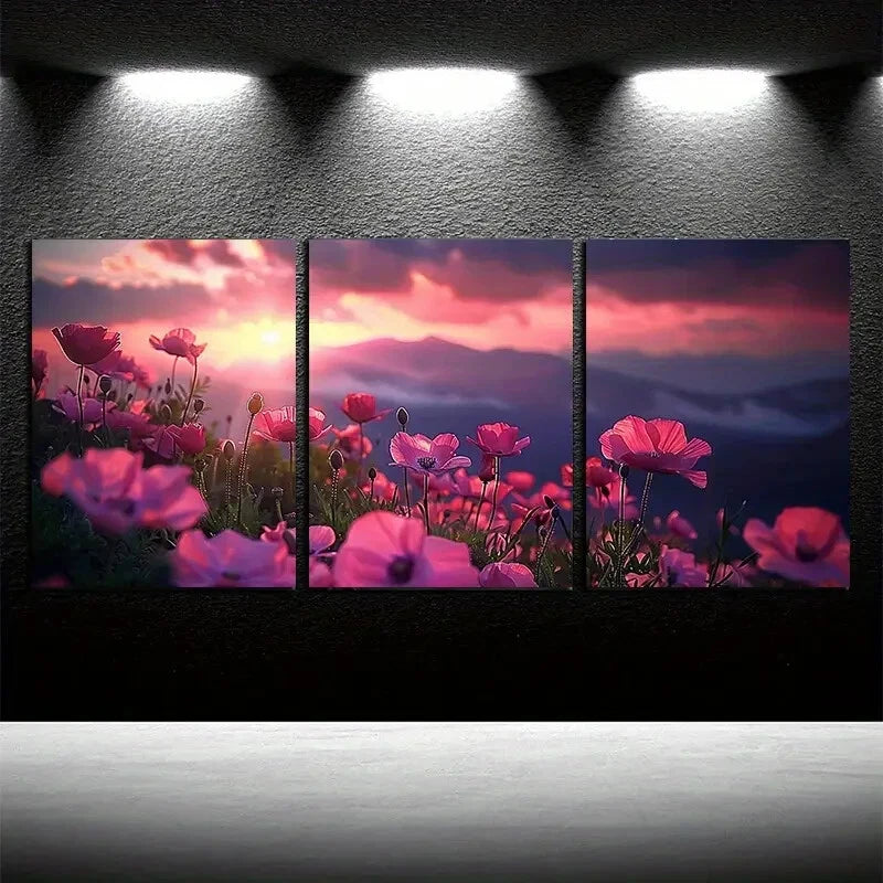 3pcs Cloudy Sky, Vibrant Flower Fields Design Metal Print Ready to Hang Art