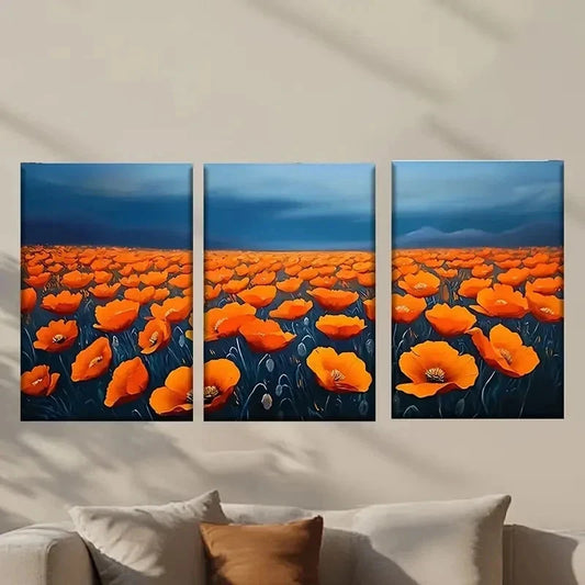 3pcs Orange Flowers in a Field & Dark Sky Wall Art Set Canvas Framed 40x60cm - High Quality Print 100% Australian Made Wall Canvas Ready to Hang