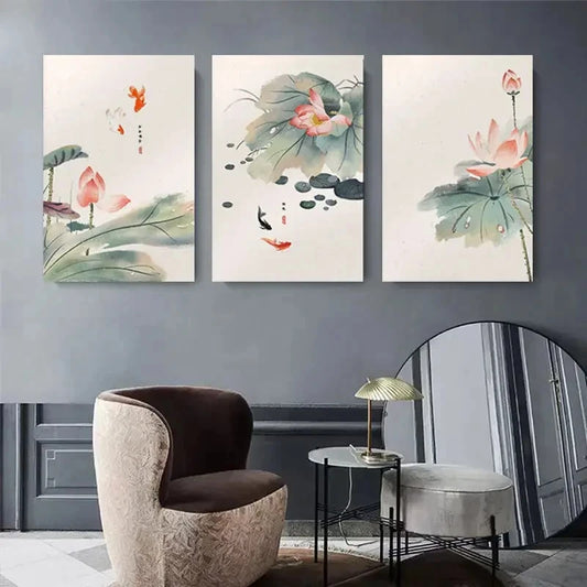 3pcs Watercolor for Lotus Flower Painting Metal Print Ready to Hang Art