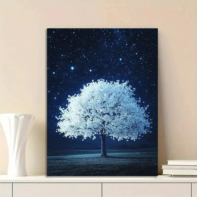 Starry Night Sky White Tree Night Blue 40x60cm Metal Print Ready to Hang