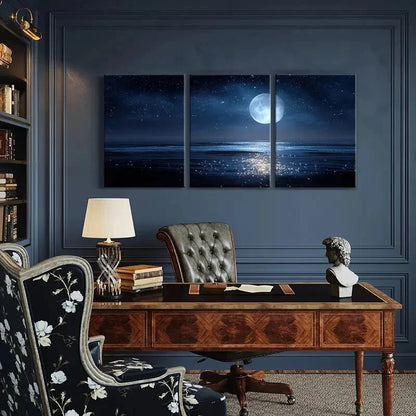 3pcs Moonlit Ocean Night Sky Stars Reflections Metal Print Ready to Hang Art