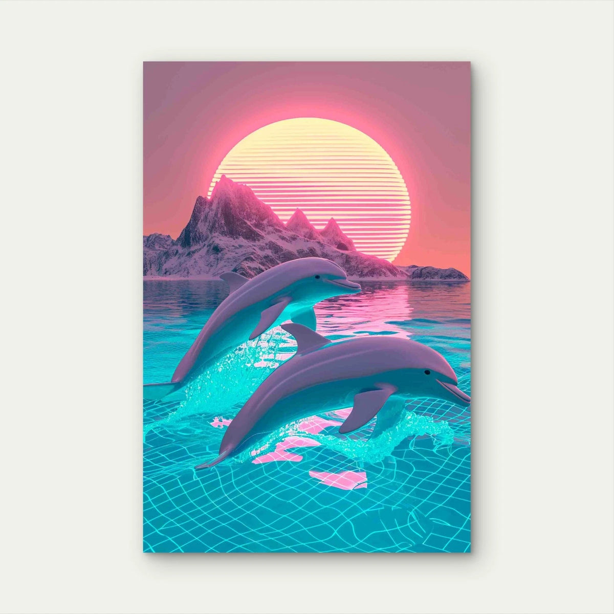 3D Rendering Dolphin With Sunset 40x60cm Metal Print Ready to Hang