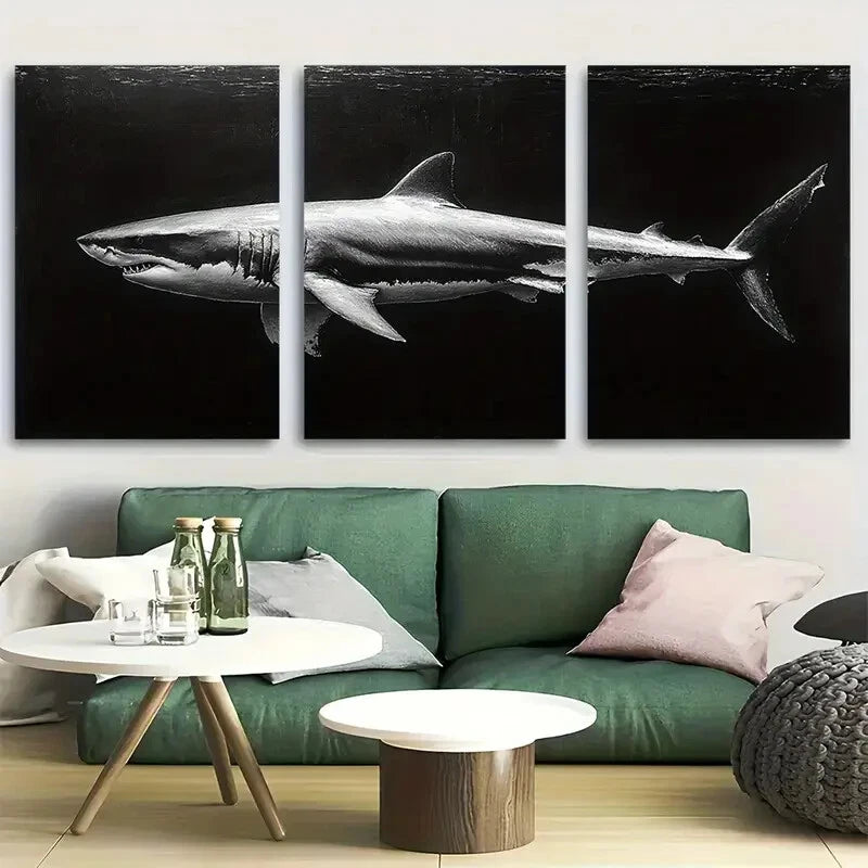 3pcs Black And White Shark Design Metal Print Ready to Hang Art