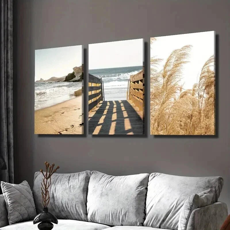 3pcs Beautiful Seaside Beach and Reeds Wall Art Set Canvas Framed 40x60cm - High Quality Print 100% Australian Made Wall Canvas Ready to Hang