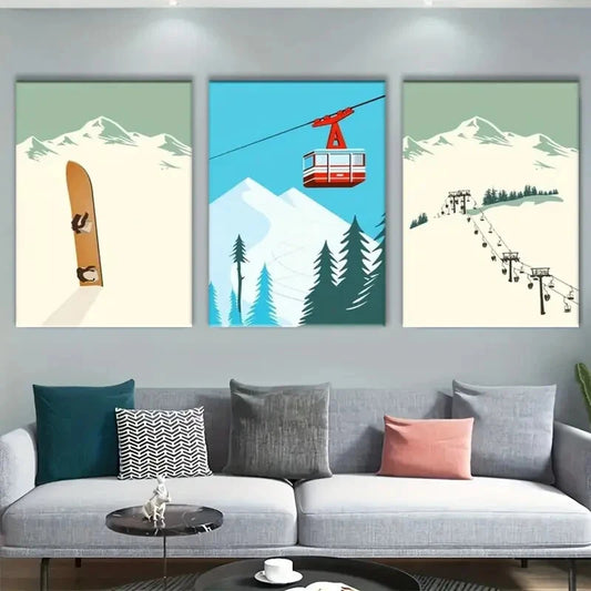 3pcs Cartoon Snow Mountains and Skiing Metal Print Ready to Hang Art