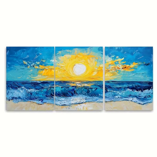 3pcs Impasto Seascape Sunset Ocean Oil Painting Metal Print Ready to Hang Art