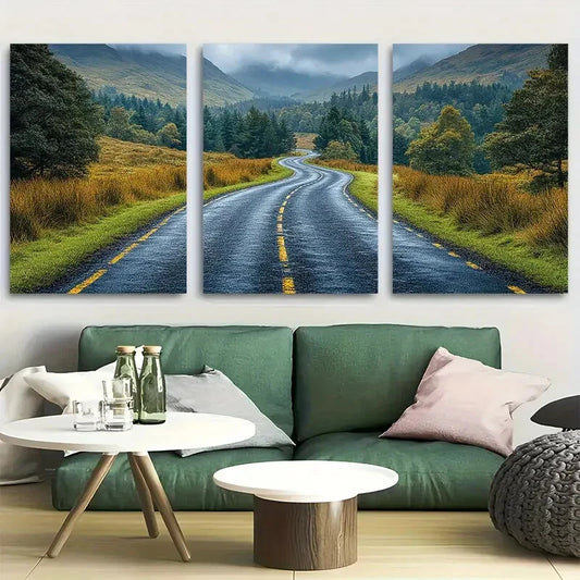 3pcs Scenic Valley Road, Dramatic Clouds Metal Print Ready to Hang Art