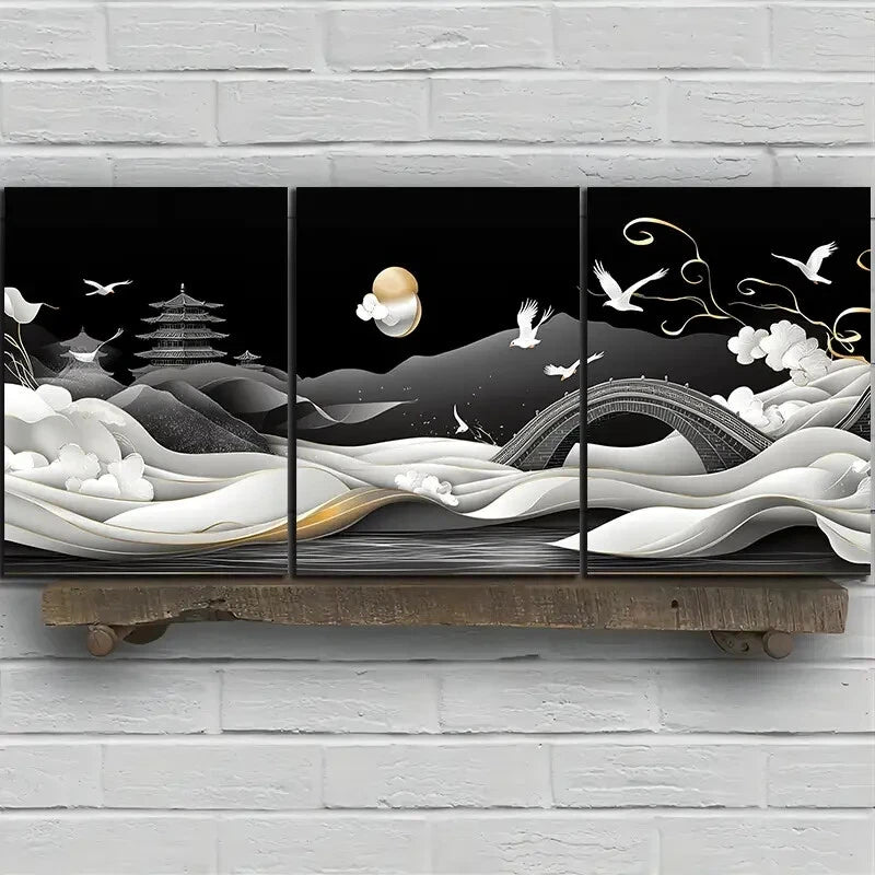 3pcs Black & White Beautiful Arch Bridge Metal Print Ready to Hang Art