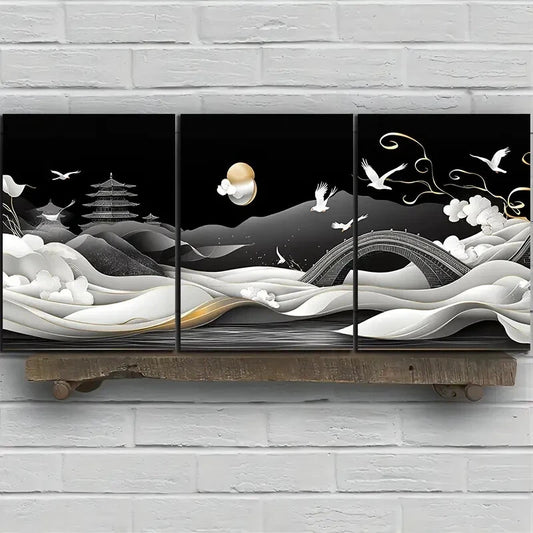 3pcs Black & White Beautiful Arch Bridge Metal Print Ready to Hang Art