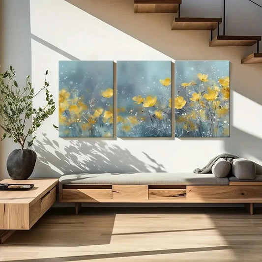3pcs Artistic Yellow Flowers Delicate Petals Metal Print Ready to Hang Art