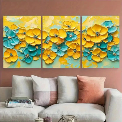 3pcs Vibrant Yellow Floral Abstract Textured Metal Print Ready to Hang Art