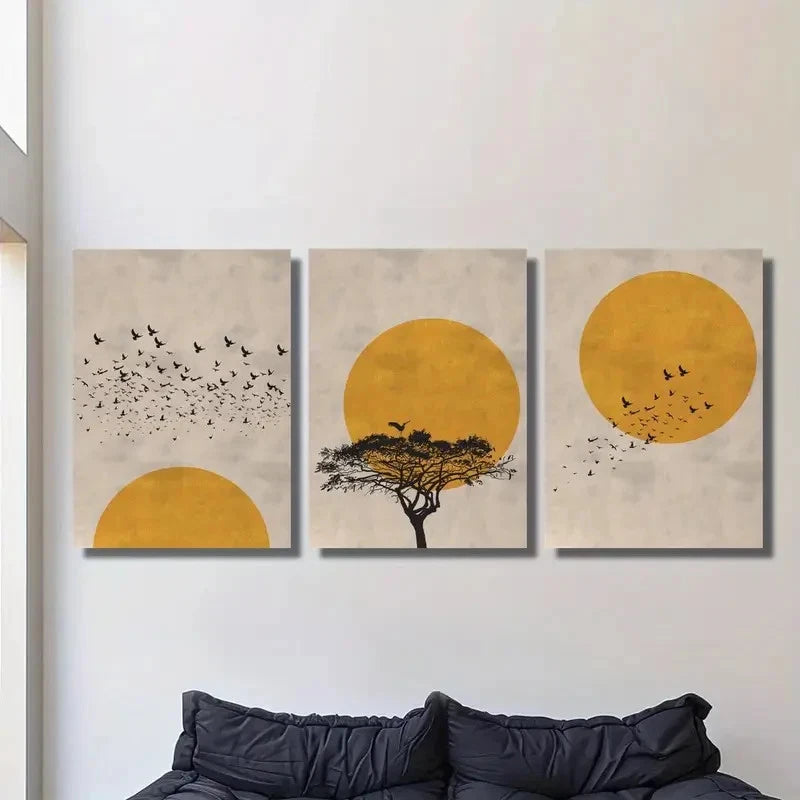 3pcs Rising Sun Birds and Silhouette Trees Metal Print Ready to Hang Art