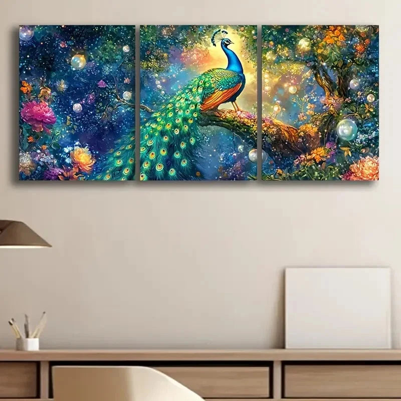 3pcs Peacock On The Tree Bird Themed Metal Print Ready to Hang Art