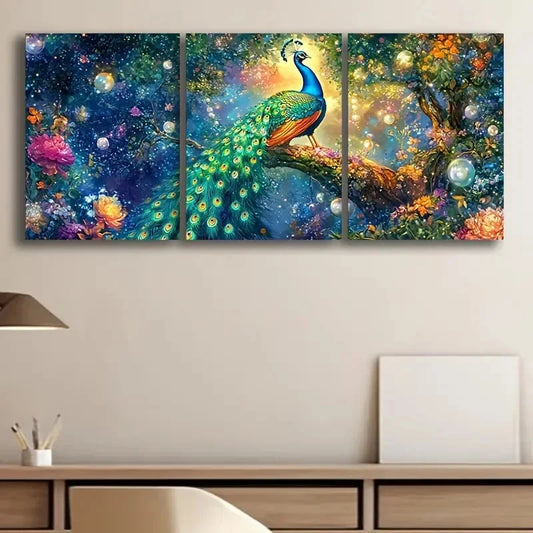 3pcs Peacock On The Tree Bird Themed Metal Print Ready to Hang Art