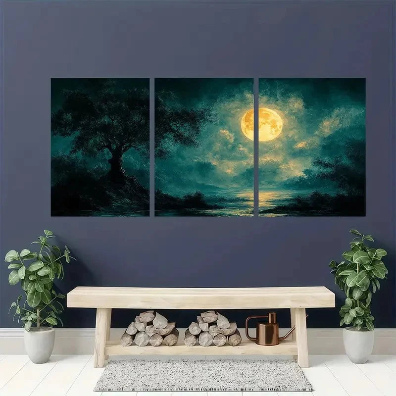 Triptych wall art of a moonlit landscape with trees, placed above a wooden bench with firewood and a plant in a room.
