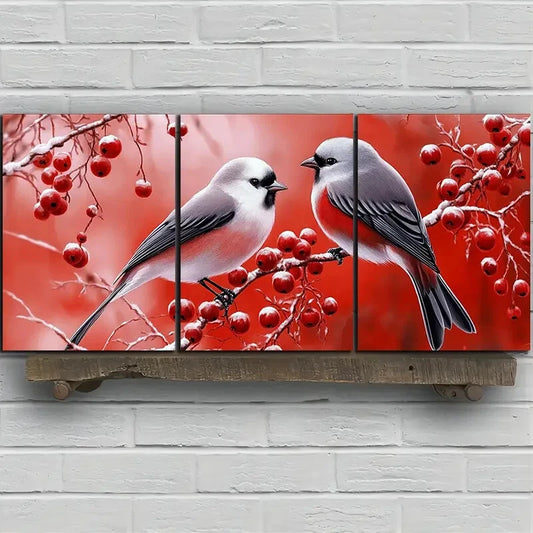 3pcs Birds on Blackberry Flowers Metal Print Ready to Hang Art