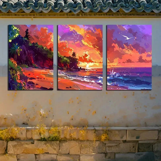 3pcs Vibrant Beach Sunset Scenery Metal Print Ready to Hang Art