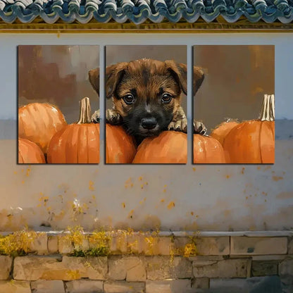 3pcs Vibrant Charming Puppy & Pumpkins Design Metal Print Ready to Hang Art