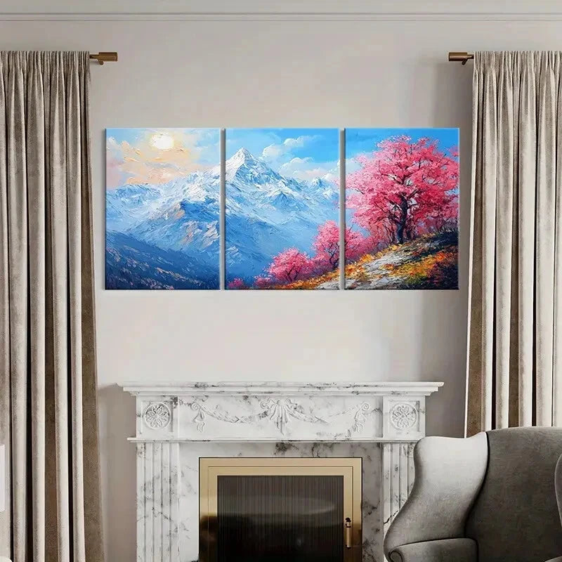 3pcs Mountain Landscape Pink Blossom Trees Metal Print Ready to Hang Art