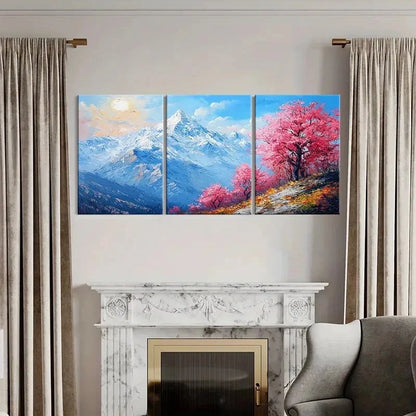 3pcs Mountain Landscape Pink Blossom Trees Metal Print Ready to Hang Art