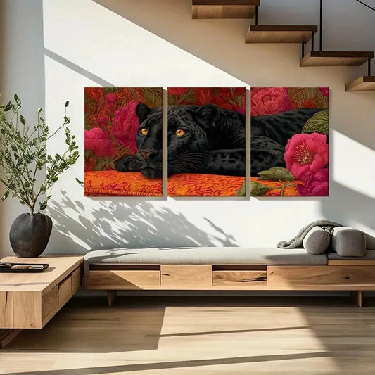 3pcs Black Panther Floral Background Nature Metal Print Ready to Hang Art