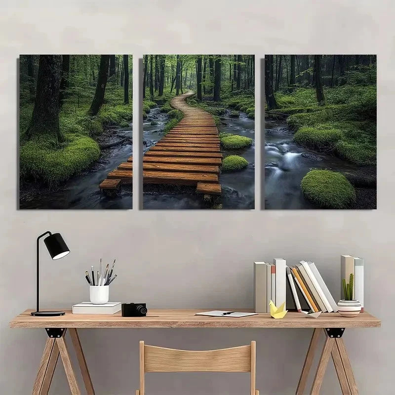3pcs Boardwalk Stream Vibrant Green Foliage Wall Art Set Canvas Framed 40x60cm - High Quality Print 100% Australian Made Wall Canvas Ready to Hang
