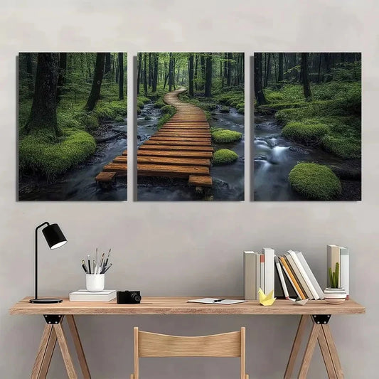 3pcs Boardwalk Stream Vibrant Green Foliage Wall Art Set Canvas Framed 40x60cm - High Quality Print 100% Australian Made Wall Canvas Ready to Hang