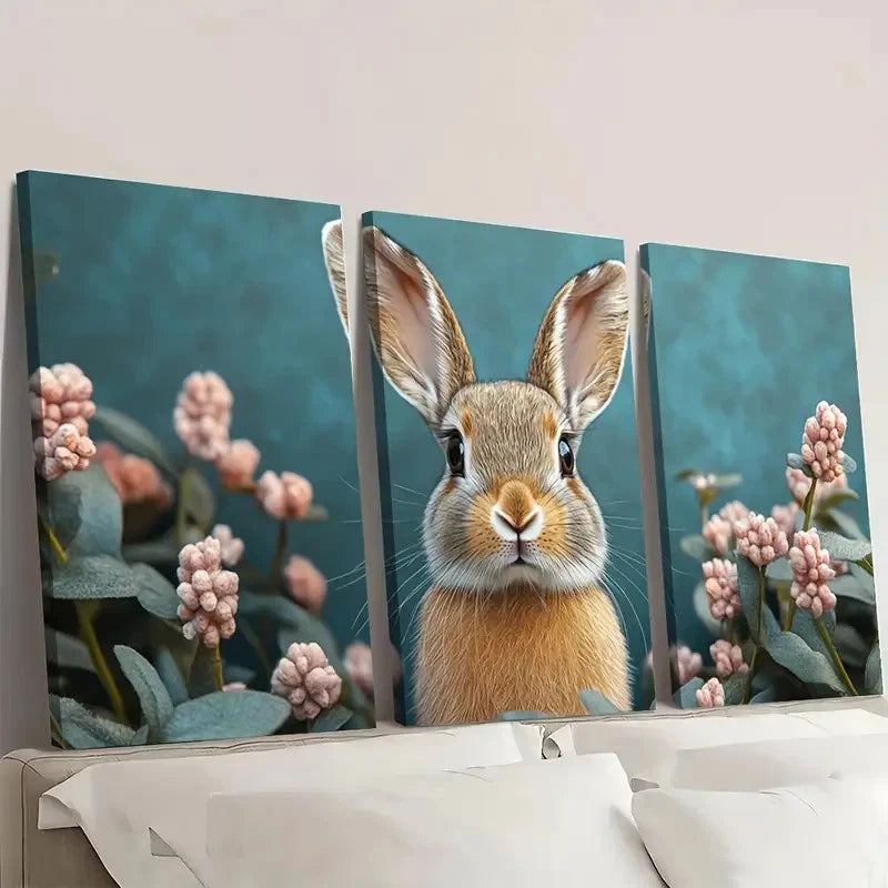 3pcs Boho Rabbit Pink Flowers & Green Leaves F Wall Art Set Canvas Framed 50x70cm - High Quality Print 100% Australian Made Wall Canvas Ready to Hang