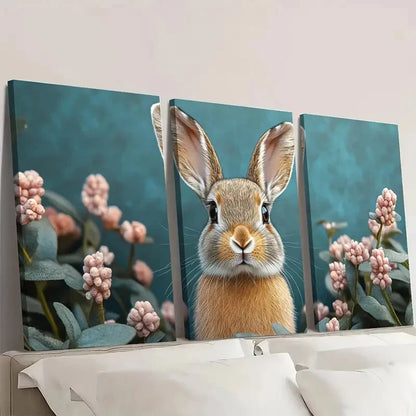 3pcs Boho Rabbit Pink Flowers & Green Leaves F Wall Art Set Canvas Framed 50x70cm - High Quality Print 100% Australian Made Wall Canvas Ready to Hang