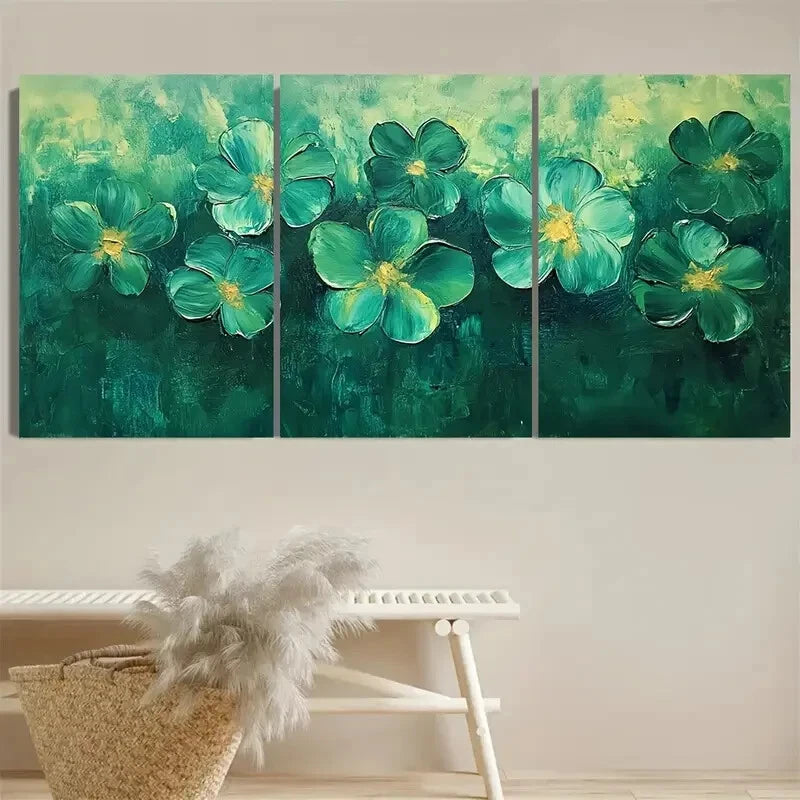 3pcs Vibrant Green Flower On Texture Floral Design Metal Print Ready to Hang Art