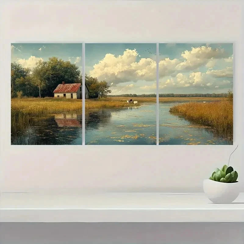 3pcs Rustic Cows at a Pond Pastoral Landscape Metal Print Ready to Hang Art