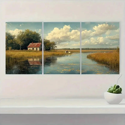 3pcs Rustic Cows at a Pond Pastoral Landscape Metal Print Ready to Hang Art
