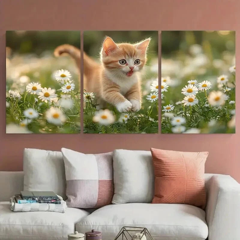 3pcs Excited Kitten Daisies Illustration Metal Print Ready to Hang Art