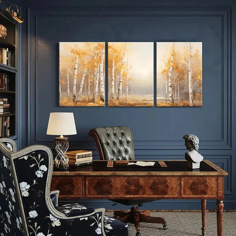 3pcs Autumn Forest Birch Trees Golden Leaves Metal Print Ready to Hang Art