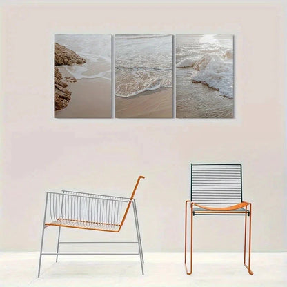 3pcs Beach Waves Coastal Stones Metal Print Ready to Hang Art
