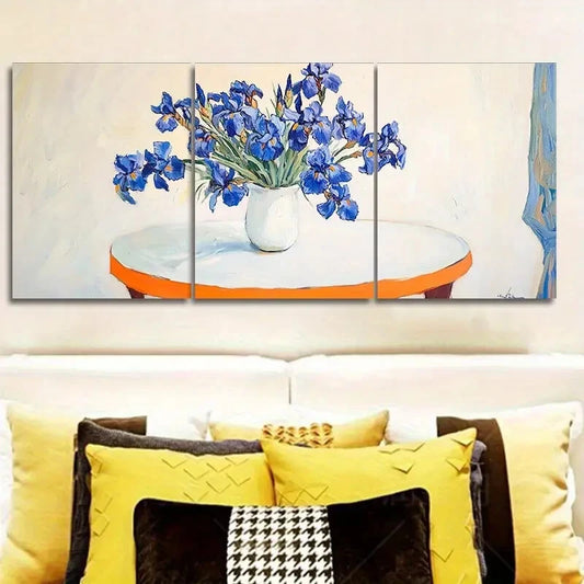 3pcs Blue Iris Floral Contemporary Painting Metal Print Ready to Hang Art