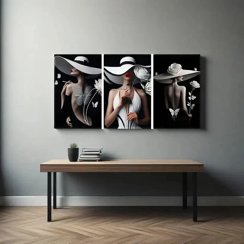 3pcs three female minimalist art hat oil painting  Metal Print Ready to Hang Art