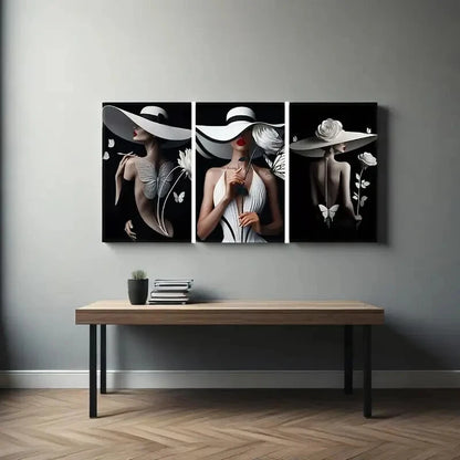 3pcs three female minimalist art hat oil painting  Metal Print Ready to Hang Art