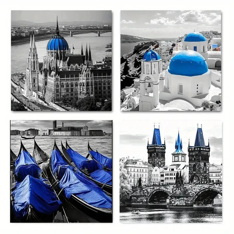 4pcs Black And Gray Beach Wall Art Canvas Framed