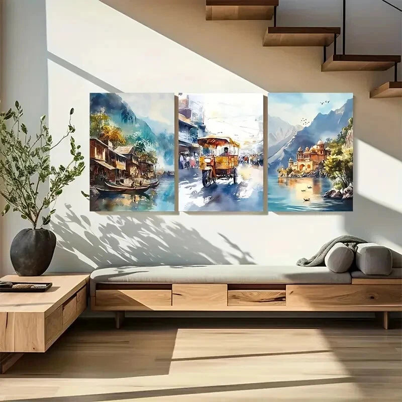 3pcs Vibrant Watercolor Indian Landscapes Metal Print Ready to Hang Art