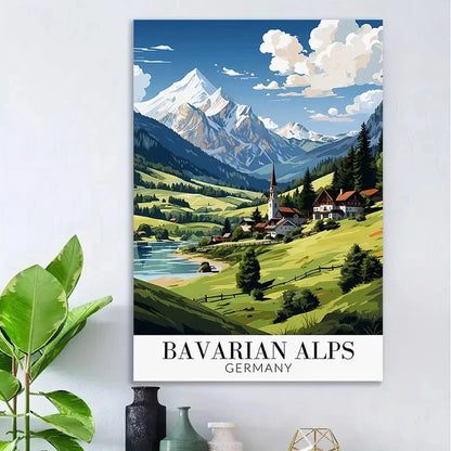Bavarian Alps Germany Vintage Snow-Capped Travel Poster Print Wall Art