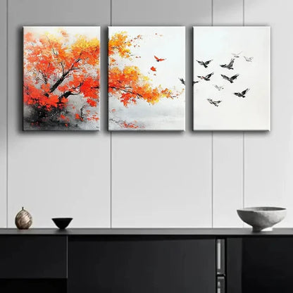 3pcs Colorful Autumn Tree and Birds Theme Wall Art Set Canvas Unframed - High Quality Print 100% Australian Made Wall Canvas