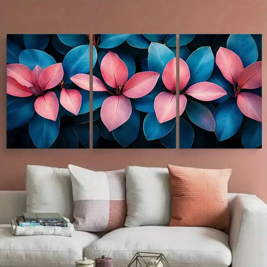 3pcs Tropical Jungle Foliage Pink Blue Teal Leaves Metal Print Ready to Hang Art