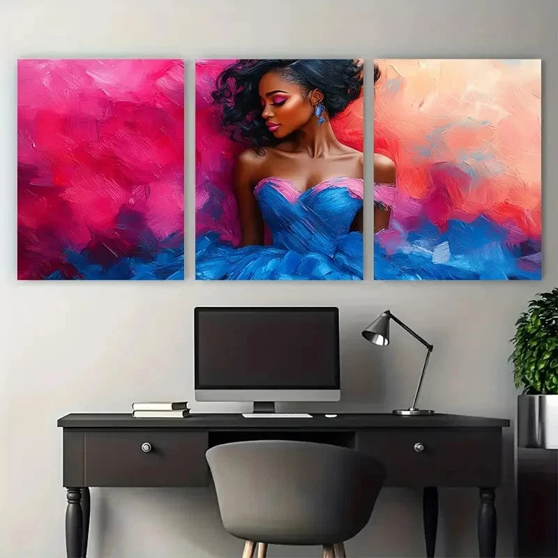 3pcs Illustration Modern Woman in Blue Pink Dress Metal Print Ready to Hang Art