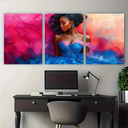 3pcs Illustration Modern Woman in Blue Pink Dress Metal Print Ready to Hang Art