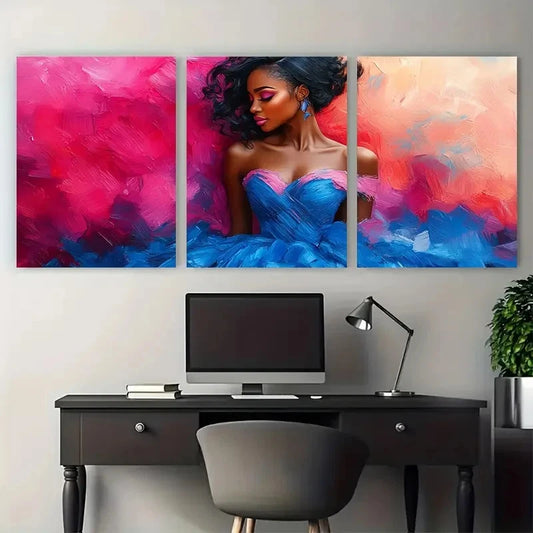 3pcs Illustration Modern Woman in Blue Pink Dress Metal Print Ready to Hang Art