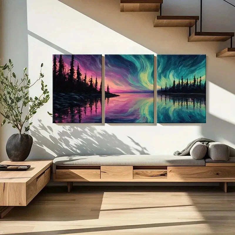 3pcs Vibrant Colors Serene Lake Forest Silhouette Metal Print Ready to Hang Art
