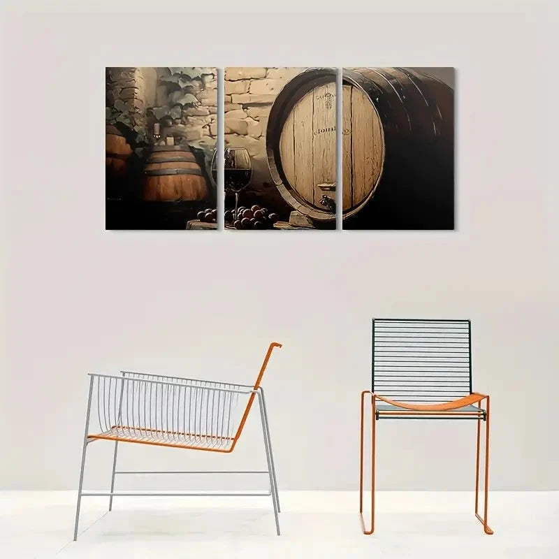 3pcs Vintage Wine Barrel Grapes and Wine Glass Metal Print Ready to Hang Art