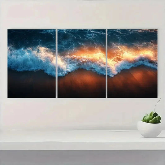 3pcs Ocean Wave Blue & Orange Tides Coastal Metal Print Ready to Hang Art