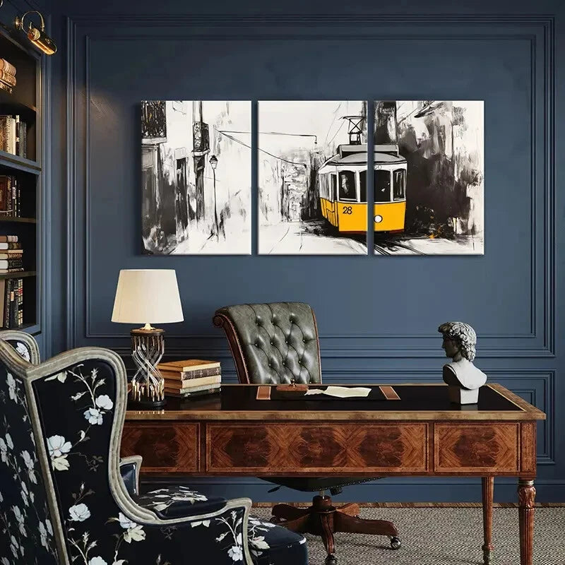 3pcs Abstract Tramway Art Monochrome Painting Metal Print Ready to Hang Art